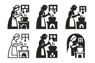Fototapeta premium Farmhouse Cooking Icons. A farmer?s wife cooking a hearty meal in a farmhouse kitchen. Icon set. Set Logo of rustic home life: steaming pot of soup. harmonious