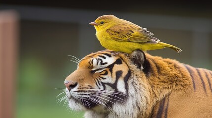 A yellow bird perched playfully on the head of a majestic tiger in blurred green background
