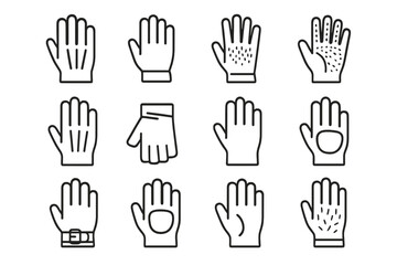 Fototapeta premium Fashion Gloves Icons. Fashion Leather Gloves. Line icon set of Fashion Leather Gloves: pair of gloves, cuff, stitching detail, palm texture, finger lines,