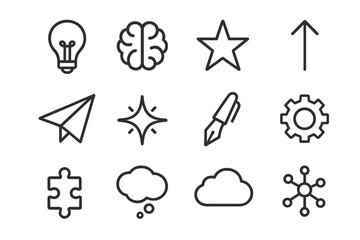 Fototapeta premium Idea Generation Icons. Idea generation. Line icon set of idea generation: light bulb, brain, star, arrow, paper plane, pen, spark, gear, puzzle, thought
