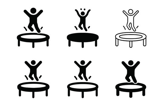Trampoline Logo Variations. Jumping on a trampoline in a backyard. Icon set. Set Logo of outdoor fun: trampoline frame with bounce motion. harmonious logo