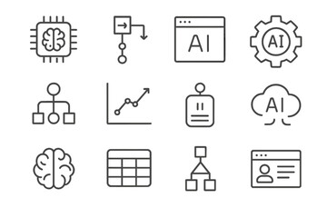 AI Icon Collection. AI-powered tools. Line icon set of AI-powered tools: neural chip, smart algorithm, AI interface, machine learning gear, decision tree,