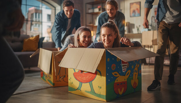 Cheerful friends enjoy box car races, pushing each other along. Teamwork, fun, laughter, and playfulness. Great for concepts of friendship, moving, or DIY. - Powered by Adobe