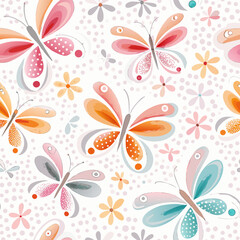 Whimsical watercolor butterflies and flowers seamless pattern design