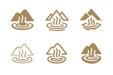 Wellness Tourism Logos. Nature-based wellness tourism. Icon set. Set Logo of wellness tourism: hot spring with mountains. harmonious logo variations of the