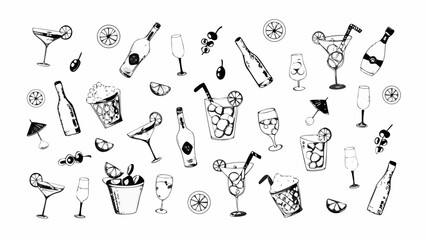 Hand drawn collection of alcoholic and non alcoholic drinks and bar elements