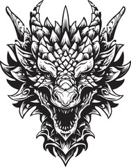 Fototapeta premium Ferocious Dragon Head Vector Illustration – Detailed Mythical Beast Line Art