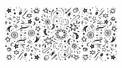 Hand drawn black and white starbursts moons and swirls pattern