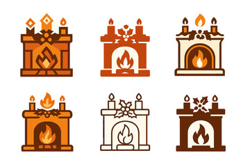 Obraz premium Winter Fireplace Logos. Winter fireplace. Icon set. Set Logo of winter fireplace: lit fireplace with hearth decorations. harmonious logo variations of the same
