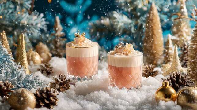 Luxurious Christmas drink forest scene featuring two festive beverages placed in snow with ornament make dreamy vibes - Powered by Adobe