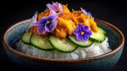 Colorful Sushi Creation Garnished with Edible Flowers and Fresh Cucumbers on a Bed of Sticky Rice for Gourmet Food Photography