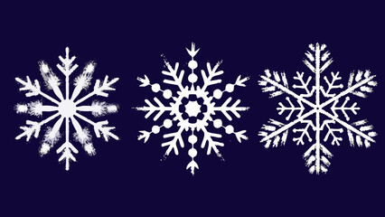 Three white snowflakes with a textured appearance on a dark blue background
