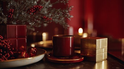 Fototapeta premium red gold festive Christmas background, dinner table red gold minimal luxurious 