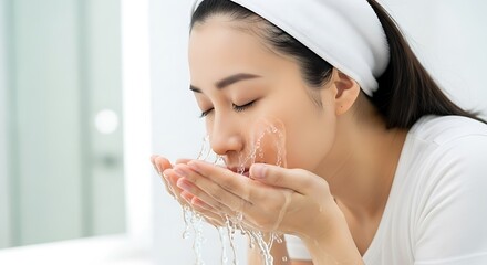 Young asian woman washing face with water in a bright bathroom setting during her morning skincare routine