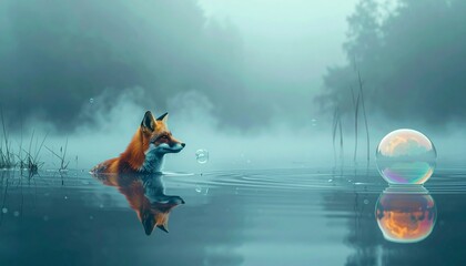 a fox in a magical calm pond looking at a water bubble; beautidul composition