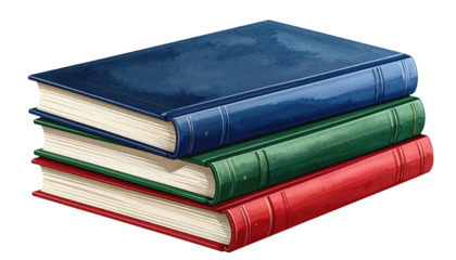 Illustration of a stack of three hardcover books, each with a different color cover blue, green, and red. They are resting on a black background