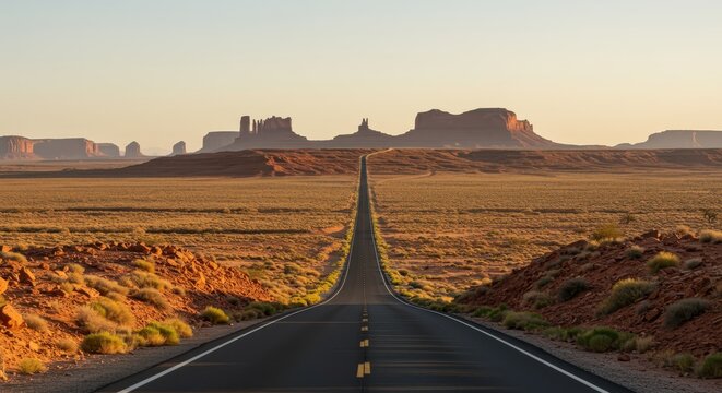Straight highway stretches toward distant desert buttes bathed in warm morning light