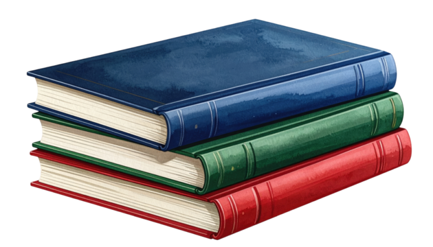 Illustration of a stack of three hardcover books, each with a different color cover blue, green, and red. They are resting on a black background