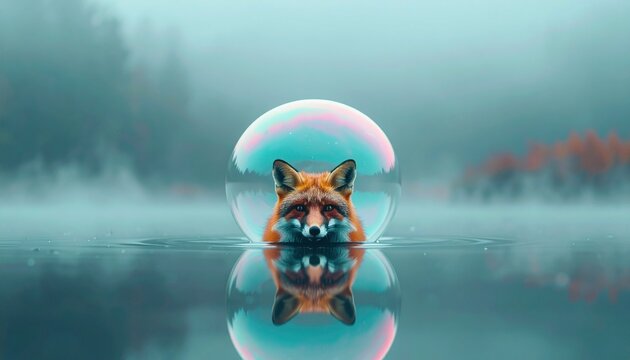 a fox in a magical calm pond with a water bubble behind it; beautidul composition - Powered by Adobe