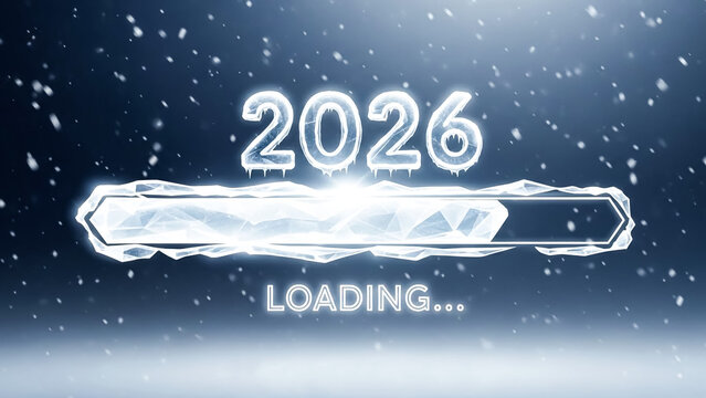 Icy 2026 loading bar with falling snow creating a wintery and futuristic new year countdown scene