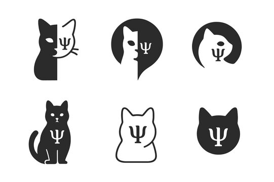 Quantum Computing Logos. Quantum computing visualized as art. Icon set. Set Logo of Quantum computing visualized as art: Schrodinger?s cat with psi symbol.