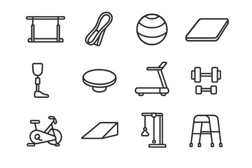 Rehabilitation Tools Icons. Rehabilitation Tools. Line icon set of Rehabilitation Tools: parallel bars, resistance bands, exercise ball, therapy mat,
