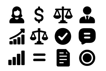 Gender Pay Gap Icons. Gender Pay Gap Awareness. Solid icon set of Gender Pay Gap Awareness: woman icon, man icon, dollar sign, scale, chart, justice,