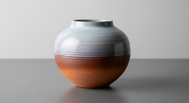A handcrafted ceramic vase with a rounded body, featuring a twotone glaze of light blue and earthy terracotta