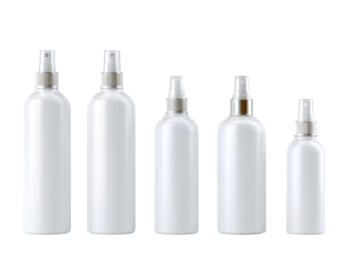 Five white, shiny spray bottles of varying sizes arranged in a row against a black background. Each has a silver or gold nozzle
