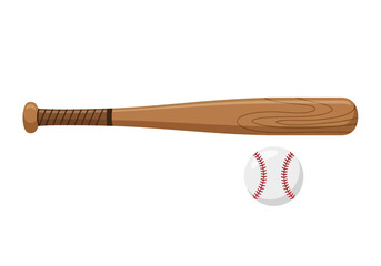 Wooden baseball bat and a white baseball with red stitching on a white background