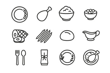 Holiday Dinner Icons. Holiday dinner plate. Line icon set of holiday dinner plate: festive plate, turkey leg, mashed potatoes, cranberry sauce, holiday ham,