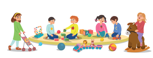 Children in kindergarten playing with toys on a white background. Vector
