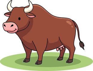 Cute brown cow illustration with horns and udders, perfect for farm animal designs, agriculture themes, dairy products branding and educational materials.