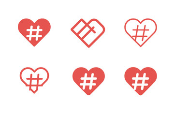 Valentine's Logo Icons. Social Media Marketing and Promotions for Valentine's. Icon set. Set Logo of festive branding: heart combined with hashtag symbol.