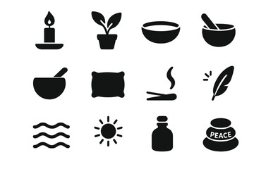 Healing Icons Set. Healing Environment. Solid icon set of Healing Environment: candlelight, plant, water bowl, singing bowl, pillow, incense, gentle wave,