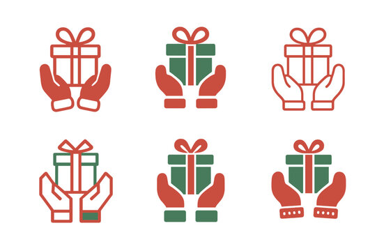 Winter Charity Icons. Winter Holiday Themed Charity Event. Icon set. Set Logo of community warmth: mittened hands passing gift box. harmonious logo variations