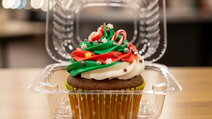 Festive cupcake in clear plastic container with red and green frosting  