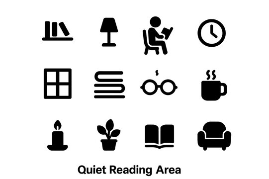 Quiet Reading Icons. Quiet Reading Area. Solid icon set of Quiet Reading Area: bookshelf, table lamp, reading person, chair, clock, window, book stack,