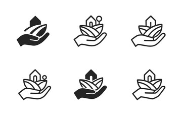 Landowner Logo Variations. Landowner. Icon set. Set Logo of landowner: hand holding farmland. harmonious logo variations of the same emblematic concept, each