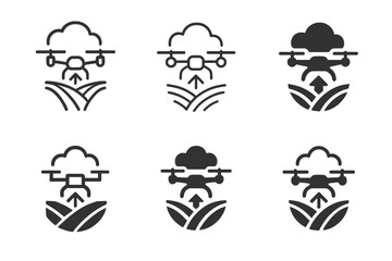 Fototapeta premium Agricultural Drone Logos. Drones in agriculture for field monitoring. Icon set. Set Logo of drones in agriculture for field monitoring: data collection cloud.