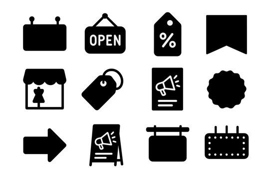 Store Signage Icons. Store signage. Solid icon set of Store signage: sale sign, open sign, discount tag, banner, window display, price label, promotional