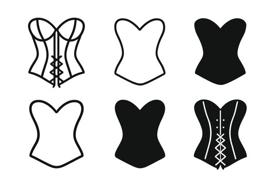 Elegant Corset Logos. Costume Design Sketches. Icon set. Set Logo of Costume Design Sketches: corset. harmonious logo variations of the same emblematic
