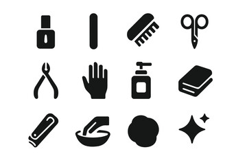 Fototapeta premium Nail Care Icons. Nail care. Solid icon set of nail care: nail polish, nail file, brush, scissors, cuticle trimmer, hand, lotion, towel, clipper, bowl, cotton