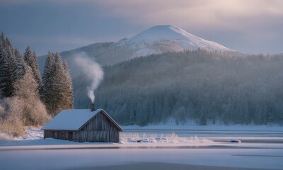 Snowy cabin on frozen lake, mountains