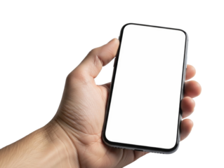 Hand holding a smartphone with blank screen transparent background cutout png
