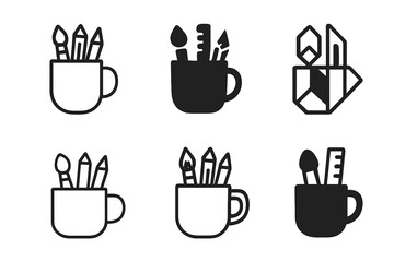 Creative Mug Logos. Art supplies in a cup. Icon set. Set Logo of art supplies in a cup: Mug with creative tools. harmonious logo variations of the same