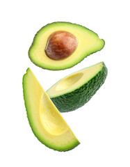 Avocado with Green Leaves - Falling Avocado pieces on Transparent Background - Cut open healthy raw food - Slices and Halves - Cosmetic Ingredient - Hair Shampoo and vitamin Benefits - Avocado Oil