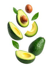 Avocado with Green Leaves - Falling Avocado pieces on Transparent Background - Cut open healthy raw food - Slices and Halves - Cosmetic Ingredient - Hair Shampoo and vitamin Benefits - Avocado Oil