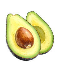 Avocado with Green Leaves - Falling Avocado pieces on Transparent Background - Cut open healthy raw food - Slices and Halves - Cosmetic Ingredient - Hair Shampoo and vitamin Benefits - Avocado Oil