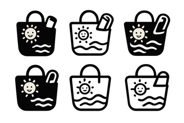 Fototapeta premium Beach Bag Icon Set. Packing a beach bag. Icon set. Set Logo of packing a beach bag: cheerful bag with sun, waves, and towel motif. harmonious logo variations